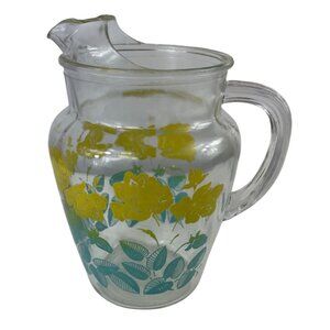 Vintage Federal Glass Pitcher Yellow Flowers Green Leaves Ice Lip Pour Spout